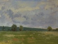 Sheep and sky in a plein air oil painting done at Meadow Grove Farm in Upperville, VA
